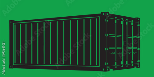Black metal shipping container for global cargo transport isolated on green background