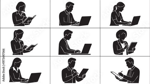 Silhouette of people working on laptops.