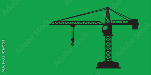 Black silhouette of a construction tower crane on a solid green background for industrial design.