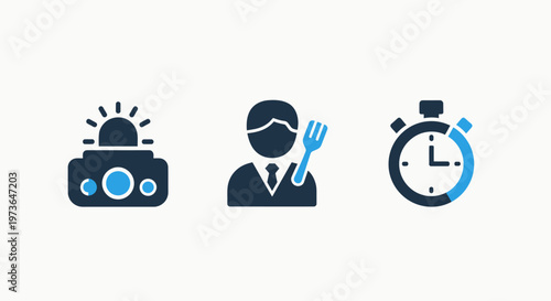 Emergency alarm siren, person with fork, and stopwatch timer icons