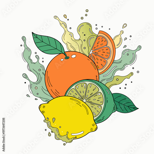 Fresh citrus fruits splash with orange lemon and lime vector illustration healthy food concept