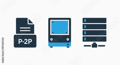P2p file transfer document, desktop computer, and server rack icons