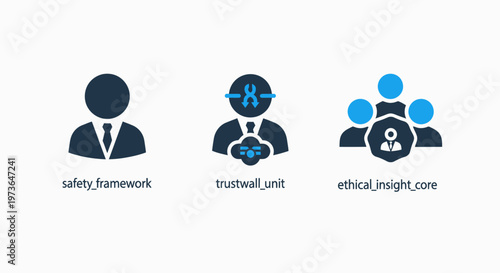 Business icons for safety framework, trusted artificial intelligence, and ethical oversight core concepts