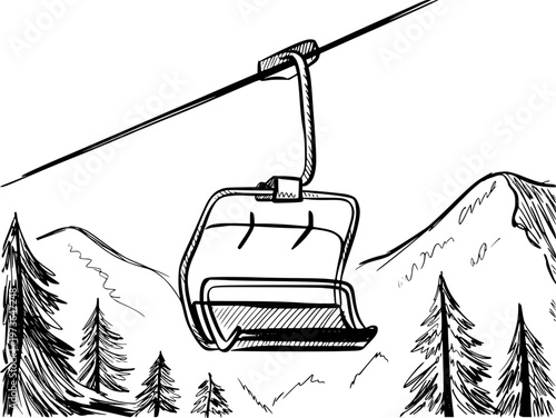 Hand drawn of a ski lift chair suspended over snowy mountains and pine trees cable