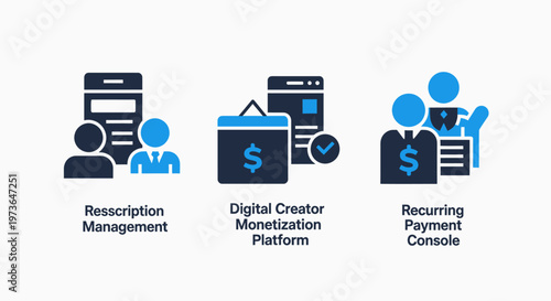 Financial technology icons for asset transaction management, digital creator monetization platform, and recurring payment console