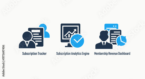Business subscription model and sales analysis engine icons with rewards dashboard and financial reporting