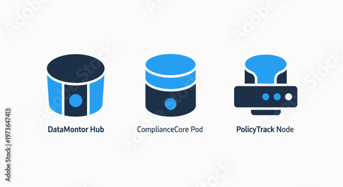 Enterprise data hub and compliance policy node icons for database architecture and information technology management
