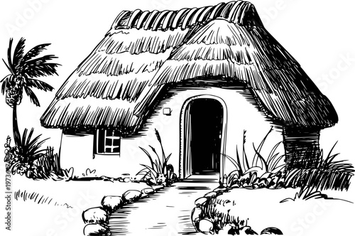 Hand drawn of a thatched roof hut with palm trees and a stone path a white background
