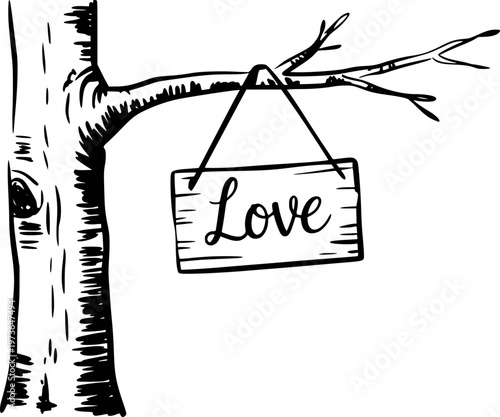 Hand drawn of a tree trunk with branches and a wooden sign saying Love
