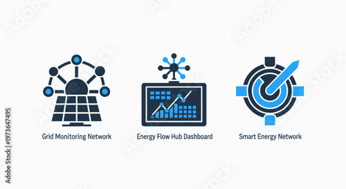 Green energy technology icons featuring a solar panel grid network a digital power research dashboard with data charts and a smart energy distribution network symbol