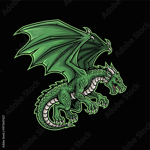 Vibrant green mythical dragon with powerful wings and fierce expression.