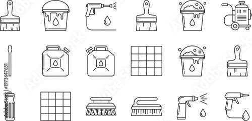 Cleaning tools icon set line style paint brush bucket spray gun tiles scraper bottle vector collection isolated editable outline