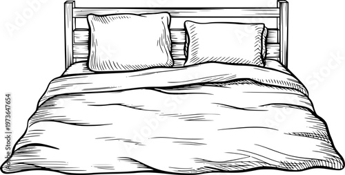 Hand Drawn of a Wooden Bed with Pillows and Blanket White Background furniture interior