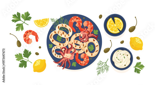 A gourmet seafood platter featuring crispy calamari rings, grilled shrimp, and octopus served with lemon wedges and capers on a clean white surface.