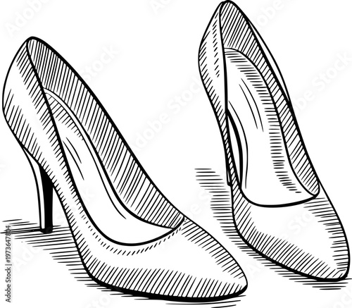 Hand Drawn of Black and White Heel Shoes White Background fashion footwear
