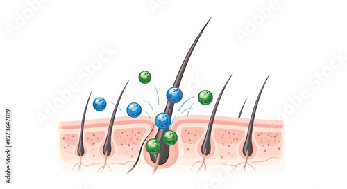 A detailed cross-section of human skin shows a single hair follicle with blue and green spheres interacting with the root in a clean clinical setting.