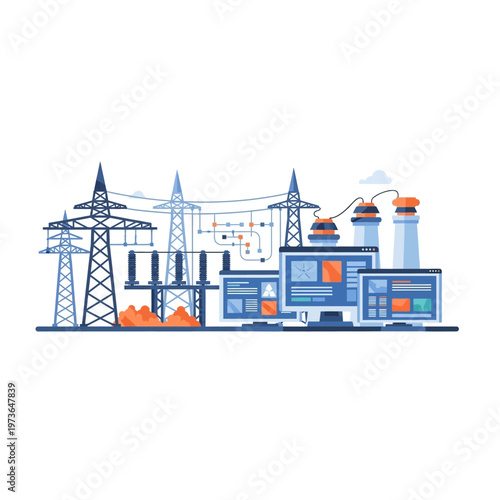 Modern Power Plant with High Voltage Transmission Towers.