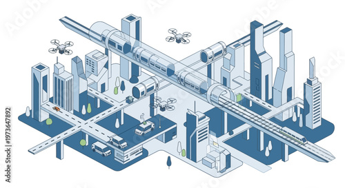 Futuristic Cityscape with High-Speed Train and Drones.