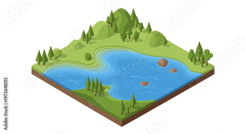 Isometric landscape with a serene lake and rolling green hills.