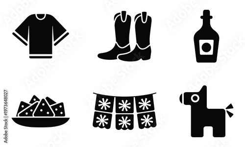 Fiesta icons including shirt, Boots, Bottle, Tacos, Sombrero and pinata