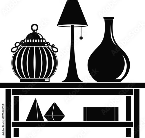 Minimalist decorative tabletop silhouette with ornate birdcage container, tall lamp, large vase, geometric objects, and stylized household decor in detailed black and white artistic illustration