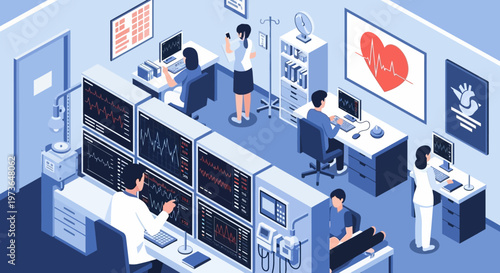 Medical Control Room with Doctors Monitoring Patients Health Data.