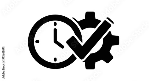 Time management and efficiency icon with a clock, gear, and checkmark, in a black solid design on an isolated white background.