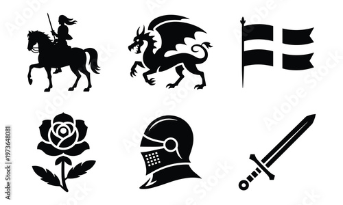Bild auf Leinwand Medieval symbols including knight on horse dragon flag rose helmet sword