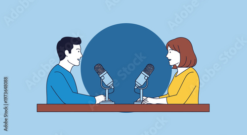 Man and Woman Co-Hosting a Professional Podcast or Radio Broadcast in a Studio Setting
