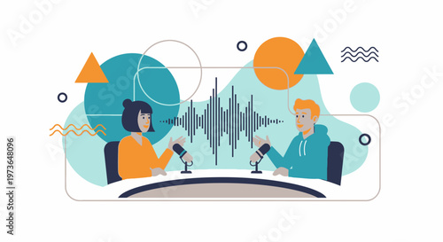 Young man and woman podcast hosts recording a show in a modern studio with abstract sound wave background.