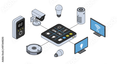Smart home devices connected to central hub illustration.