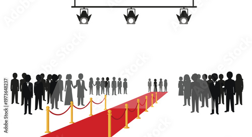 A red carpet event scene features silhouettes of people standing behind velvet ropes with overhead spotlights illuminating the walkway in this illustration.