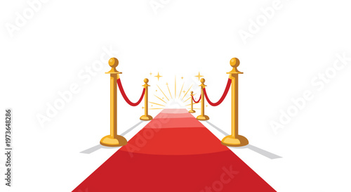 A minimalist red carpet entrance with gold stanchions and ropes features a bright starburst effect at the end of the path in this elegant illustration.