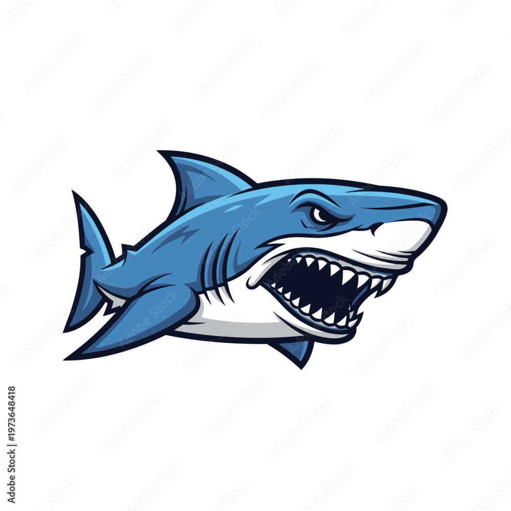 Fototapeta premium Aggressive blue shark with sharp teeth and fierce expression.