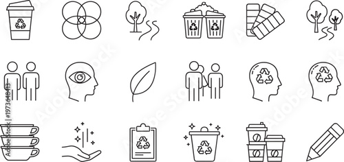 Sustainability and recycling icon set line style eco waste management green energy vector collection editable outline design