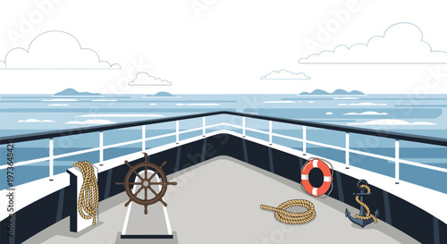 The wooden steering wheel sits on the deck of a majestic ship alongside an anchor and lifebuoy under a soft cloudy sky in a detailed vector graphic.