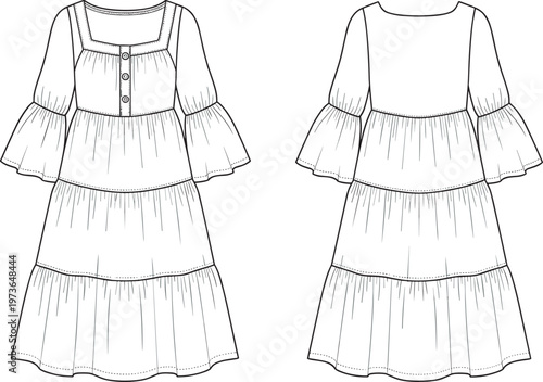 Tiered ruffle dress front and back view line art fashion apparel template long sleeve outfit vector editable outline design
