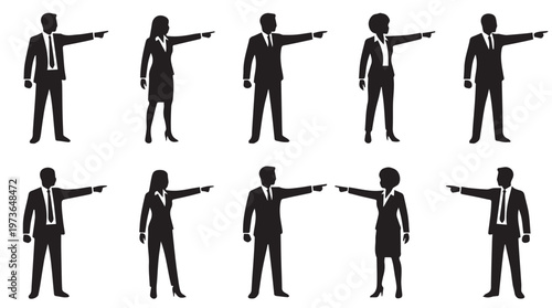 Business people pointing sideward silhouettes.