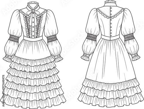 Victorian vintage dress front and back view line art lace ruffle fashion illustration apparel template editable outline design