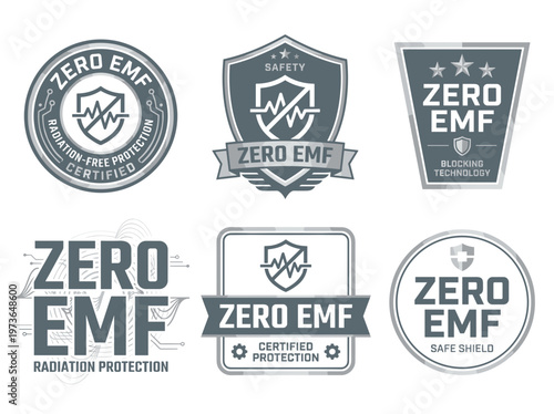 Zero EMF radiation protection labels: electromagnetic wave blocking shield emblems and safety certification badge set