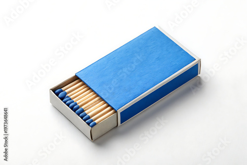 Open Blue Matchbox with Wooden Matches Isolated on White Background. High quality Matches on white background.