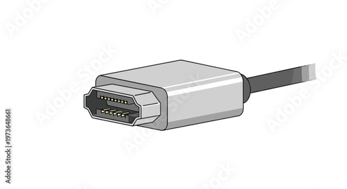 A grey HDMI style cable connector is shown in a clear side perspective view with gold pins visible inside in a high quality professional vector image.