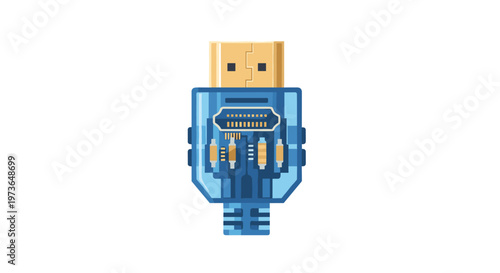 A blue translucent HDMI connector head reveals intricate internal circuitry and gold pins in a detailed technical illustration for modern electronics.