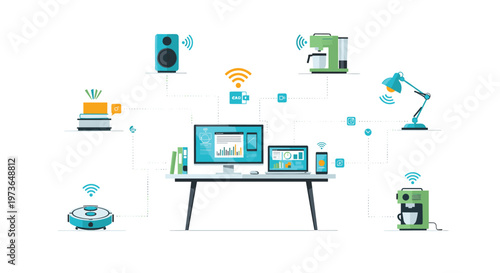 A desk with a computer and laptop is surrounded by various smart home devices connected by wireless signals in a modern connected home environment.
