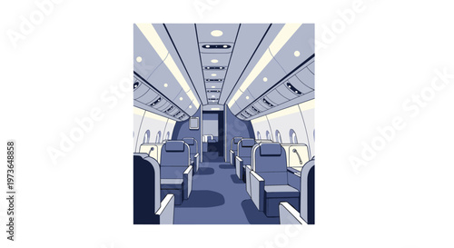 The empty interior of a commercial airplane cabin features rows of plush blue seats and overhead storage bins illuminated by soft warm ceiling lighting.