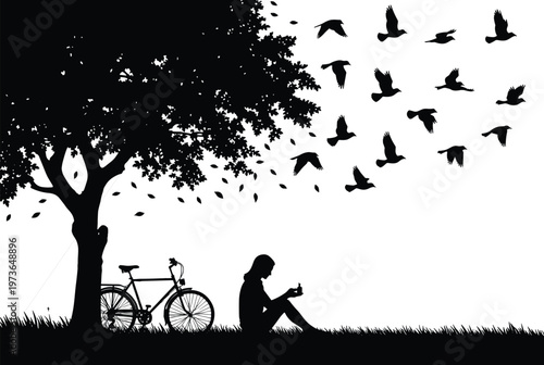 Peaceful silhouette of girl reading a book under a large tree with bicycle nearby and flock of birds flying across calm evening nature landscape