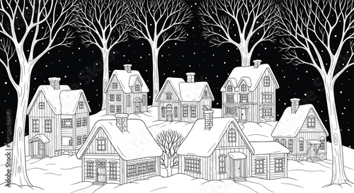 Peaceful snowy village night scene with houses, cottages, bare trees, starry sky, winter landscape, serene atmosphere, and detailed black and white illustration of quiet rural architecture