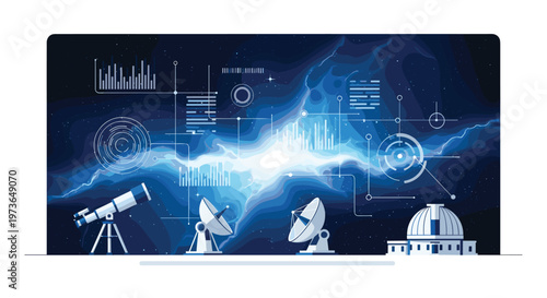 A telescope and satellite dishes are positioned against a dark blue cosmic background filled with glowing data charts and intricate astronomical diagrams.