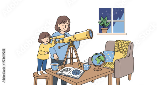 A woman and a young girl look through a large gold telescope on a wooden table next to a globe and open books in a cozy room with a night window view.