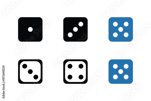 Dice Icons Set Gaming Casino Board Game Black White Blue Cubes Random Luck Vector Illustration Design Isolated Background